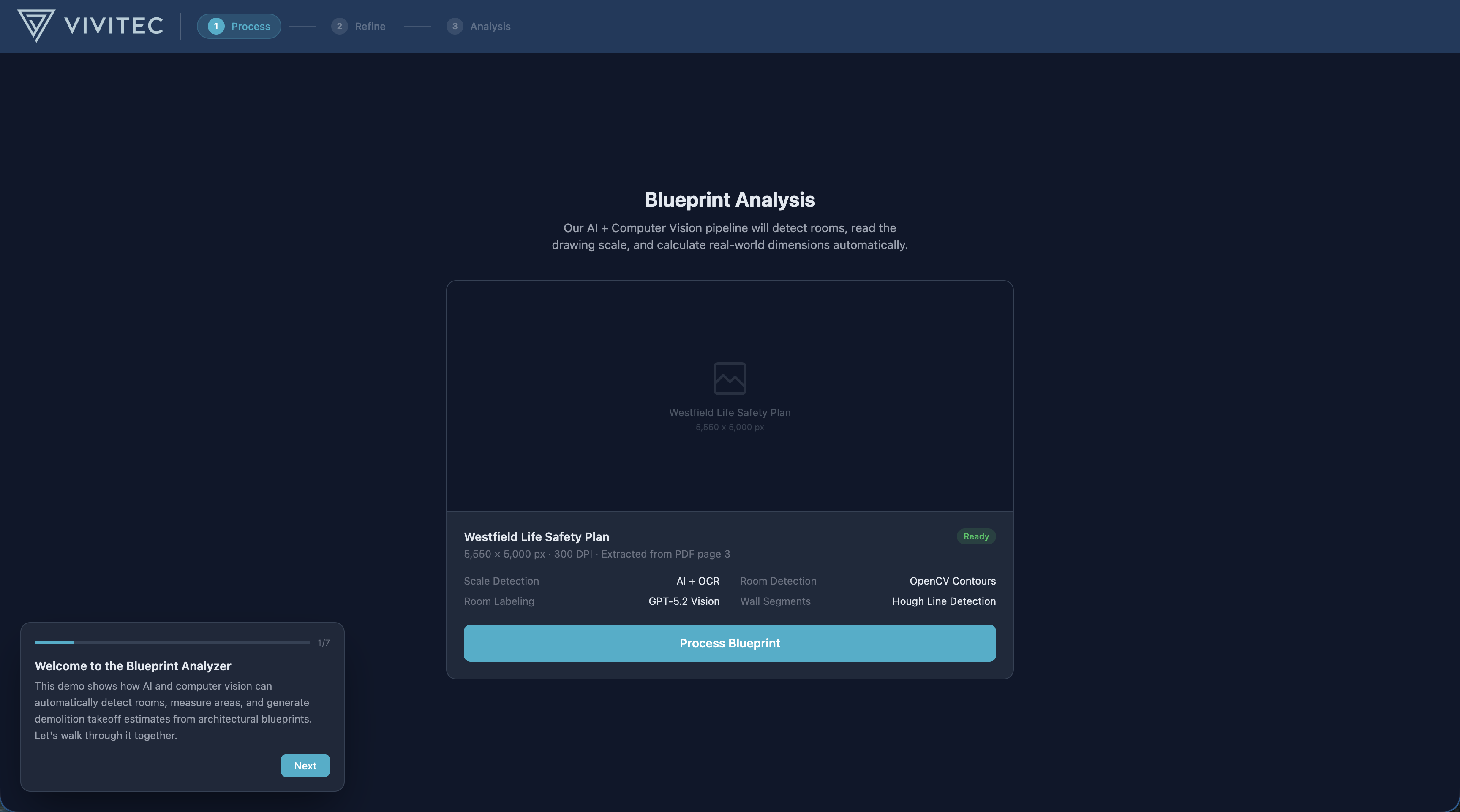 Blueprint upload interface showing file processing settings with scale detection and room detection options