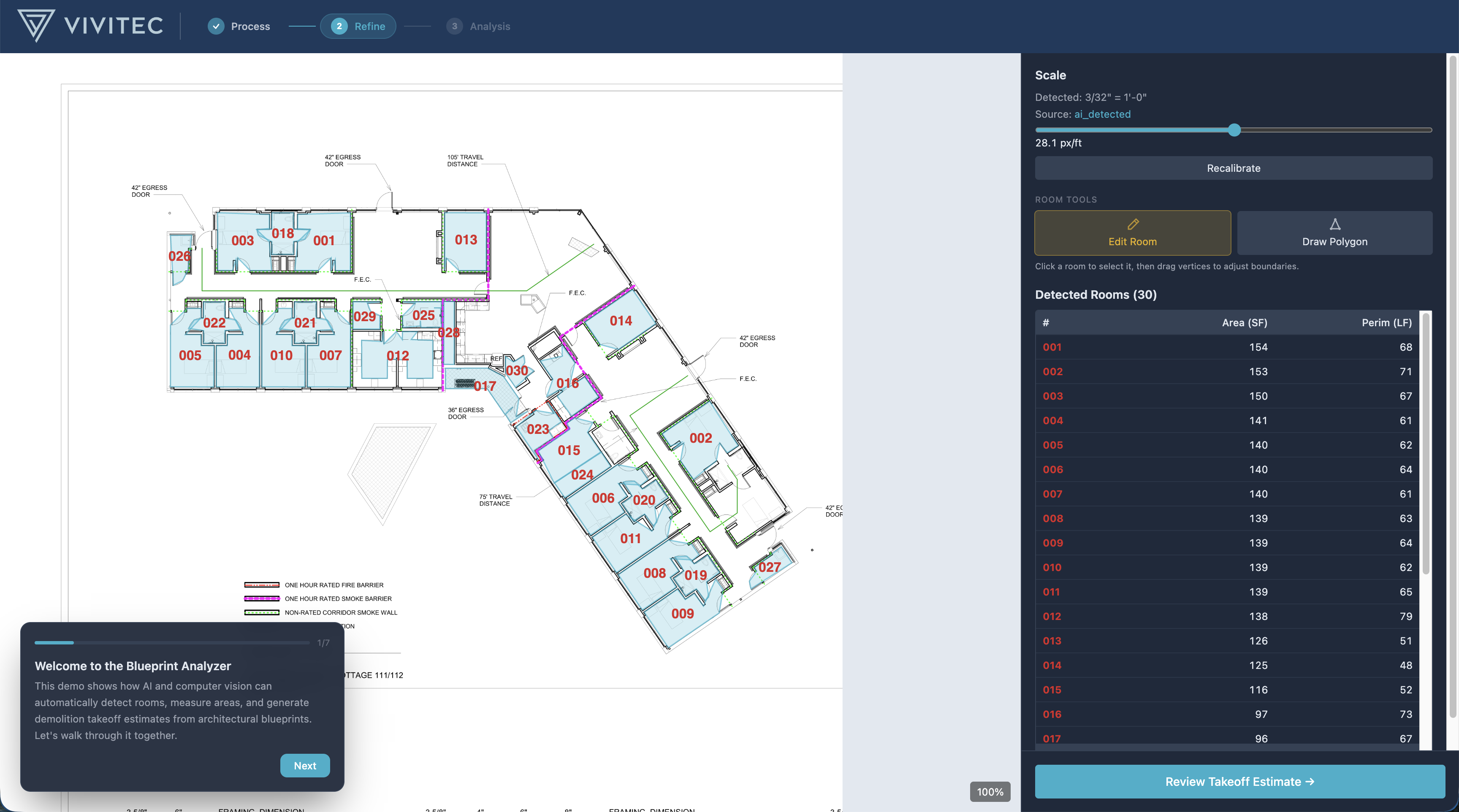 Blueprint canvas with colored room overlays and numbered room detection, sidebar showing detected rooms table with areas and perimeters