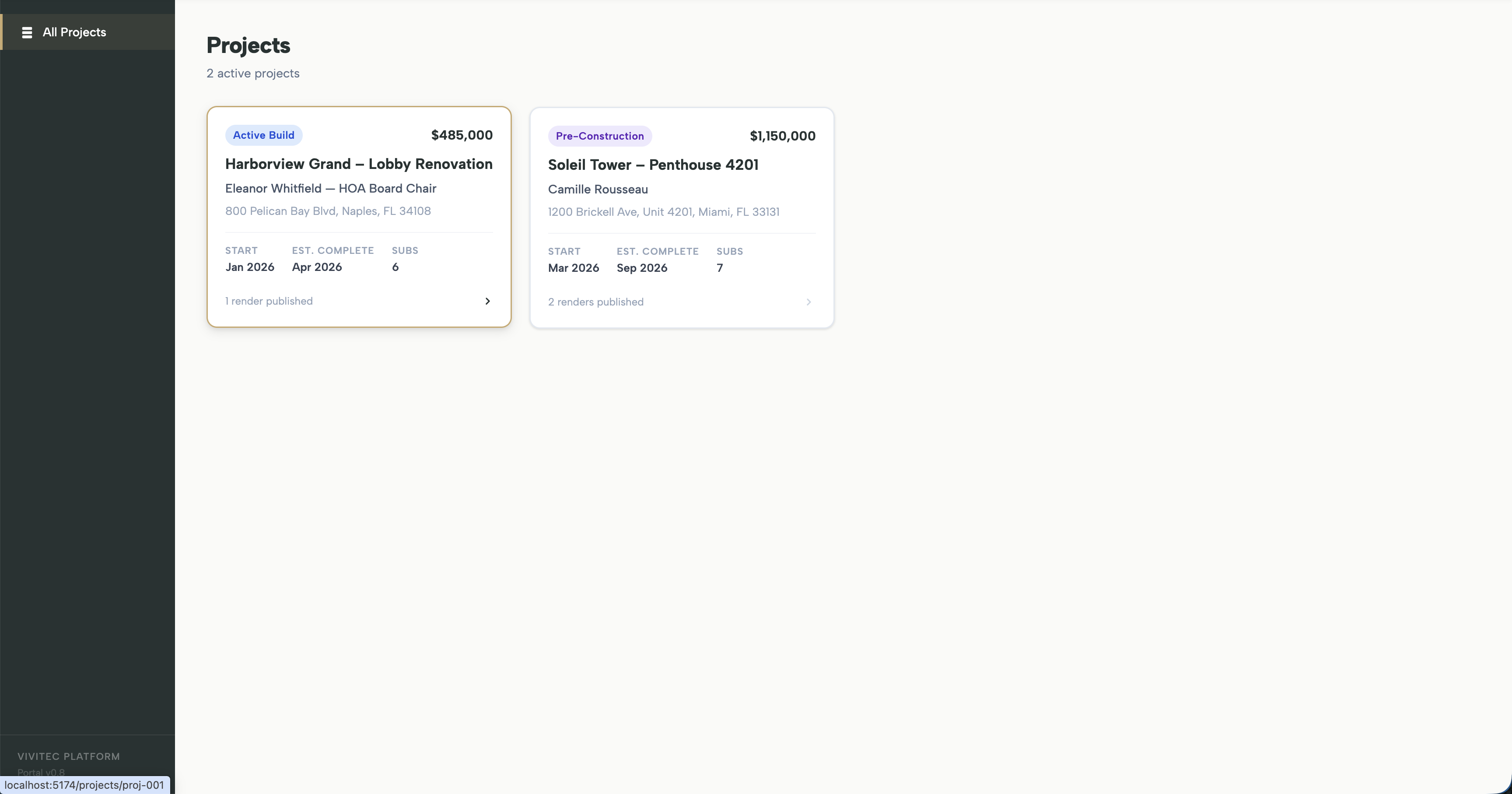 Staff dashboard showing active projects with status badges, contract values, and subcontractor counts