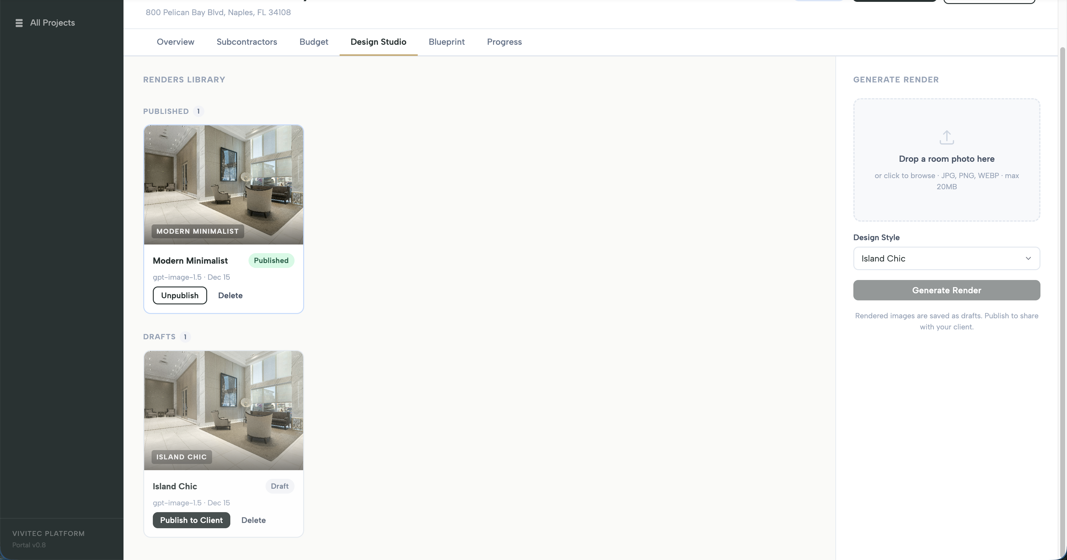 Design Studio showing AI-generated room renders with style selection and publish workflow