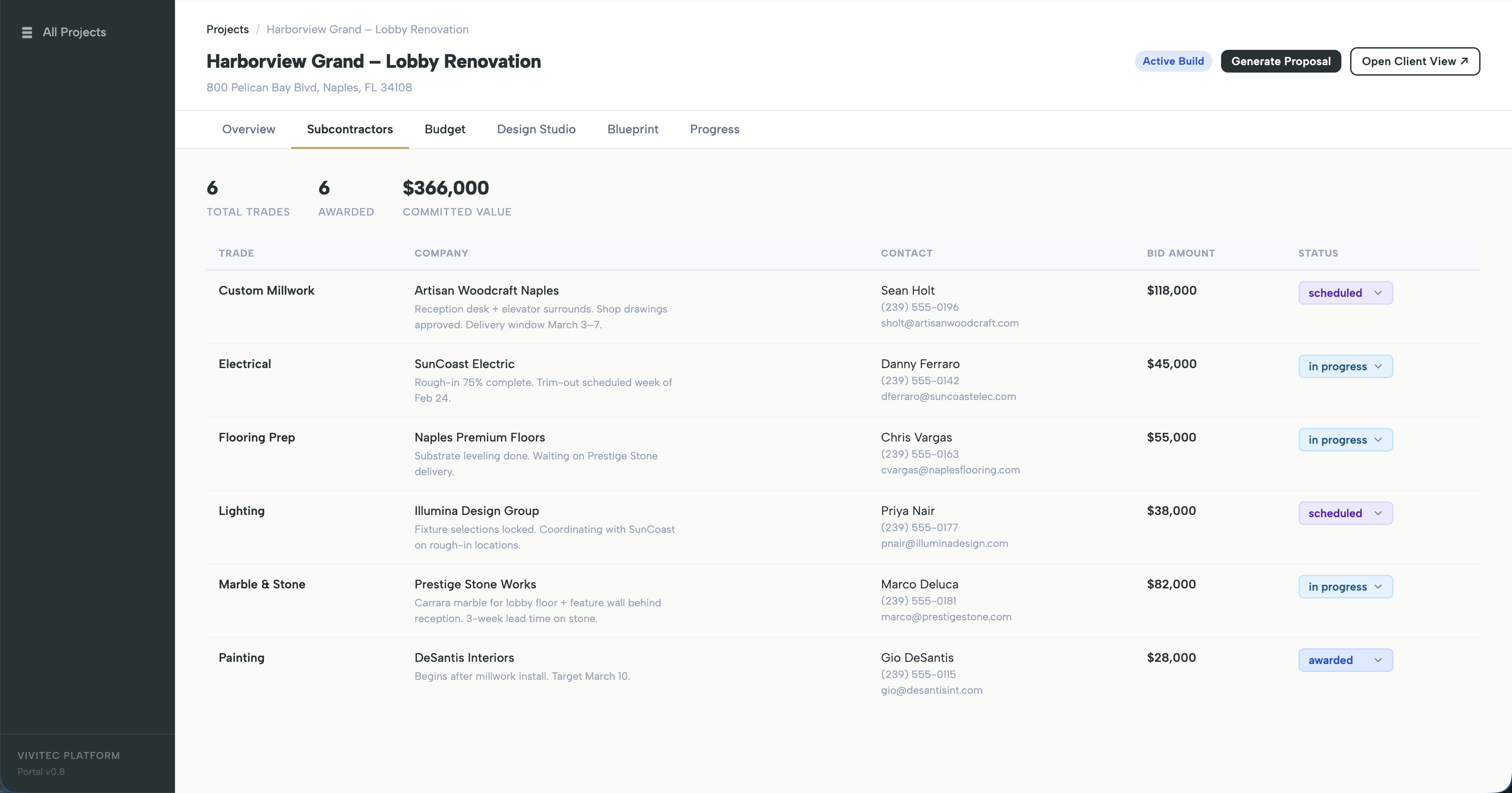 Subcontractor management view with trade assignments, contacts, budgets, and status tracking
